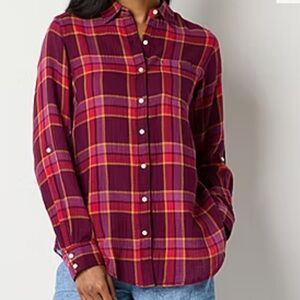 St. John's Bay Womens Long Sleeve Regular Fit Button-Down Shirt orange tartan L